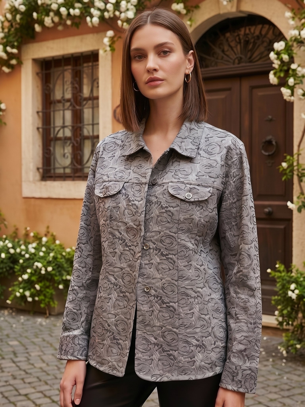 Women's Gray Embossed Floral Tapestry Jacket Size L Vintage 90s